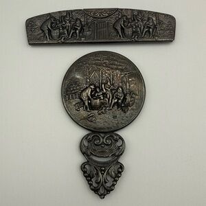 Vintage Hans Jensen Silver Plated Mirror and Comb Set: Danish Tavern Scene